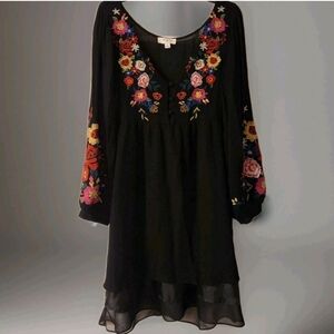 Umgee Black Gauzy Embroidered Babydoll Dress Flowy Sleeves -boho  Size M